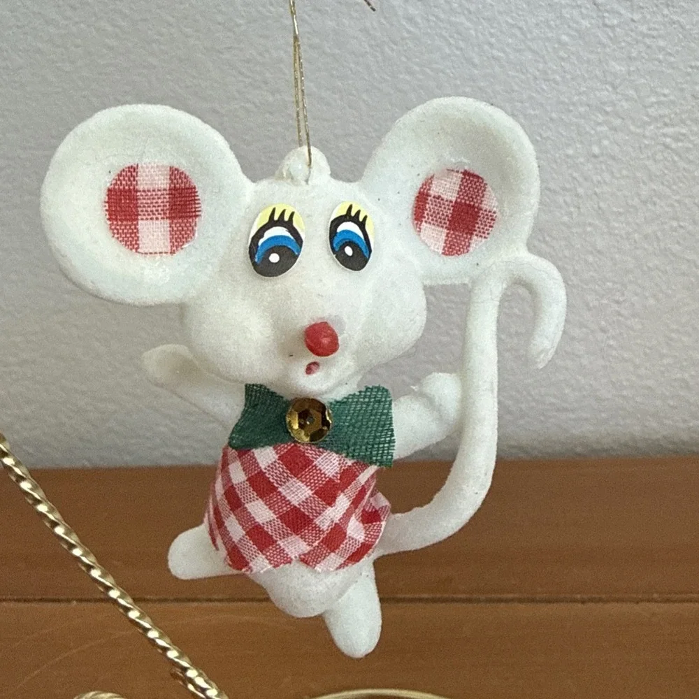 Pair Vintage Flocked White Christmas Mouse Ornaments Kitsch MCM